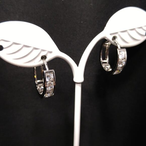 Silver 925 Hoop Post Earrings, Clear Rhinestones, 3/4 Inch - Picture 2 of 10